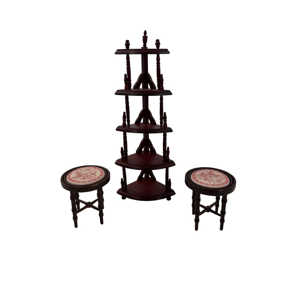 Asian Theme Miniature Furniture 3pc Mahogany Wood Corner Shelf & 2 Accent Tables
